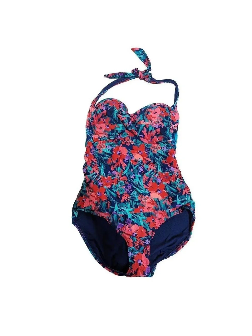 Catalina Women's XL 16/18 Orange Blue Floral One-Piece Halter Top Swimsuit